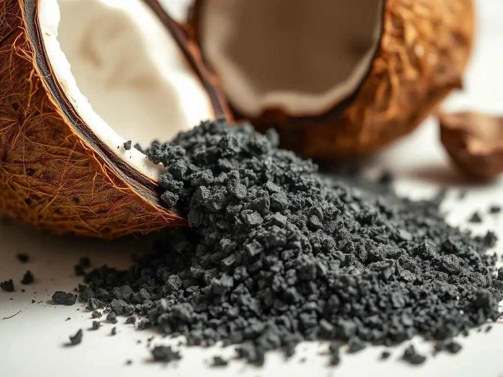 A close-up image of coconut shells being processed into activated carbon, highlighting the porous structure and eco-friendly nature of the material.