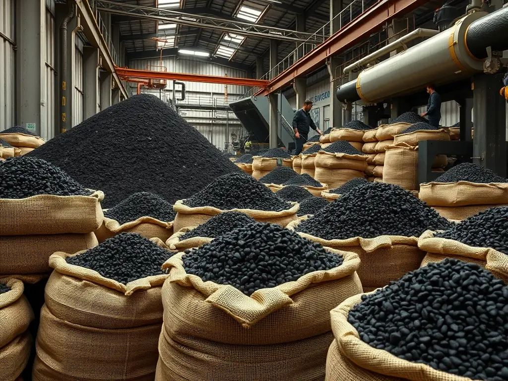 An image showcasing large industrial bags of coal-based activated carbon being loaded into processing equipment, emphasizing the scale and industrial application of the product.