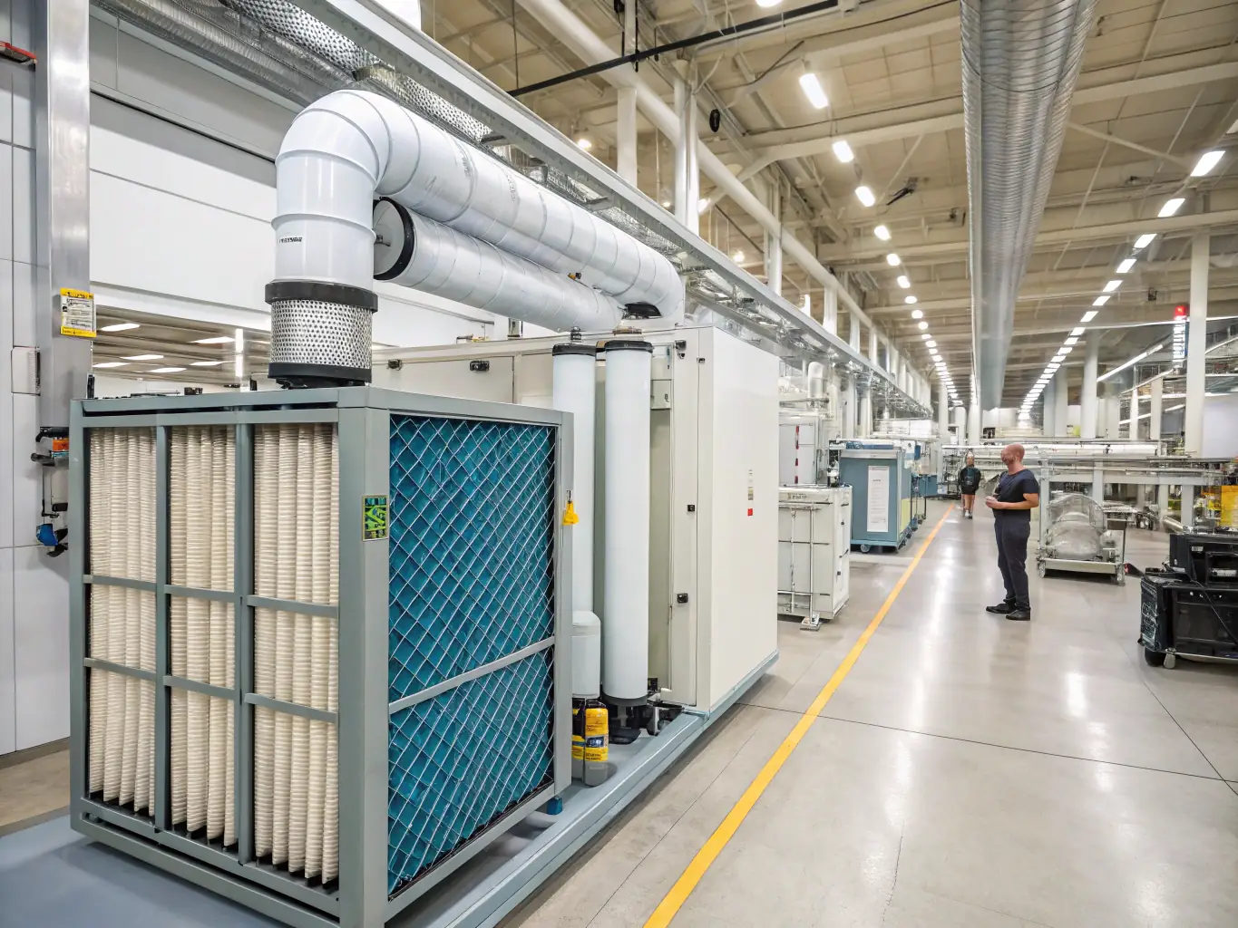 An image showing an air purification system in an industrial setting, with activated carbon filters removing pollutants and odors from the air.