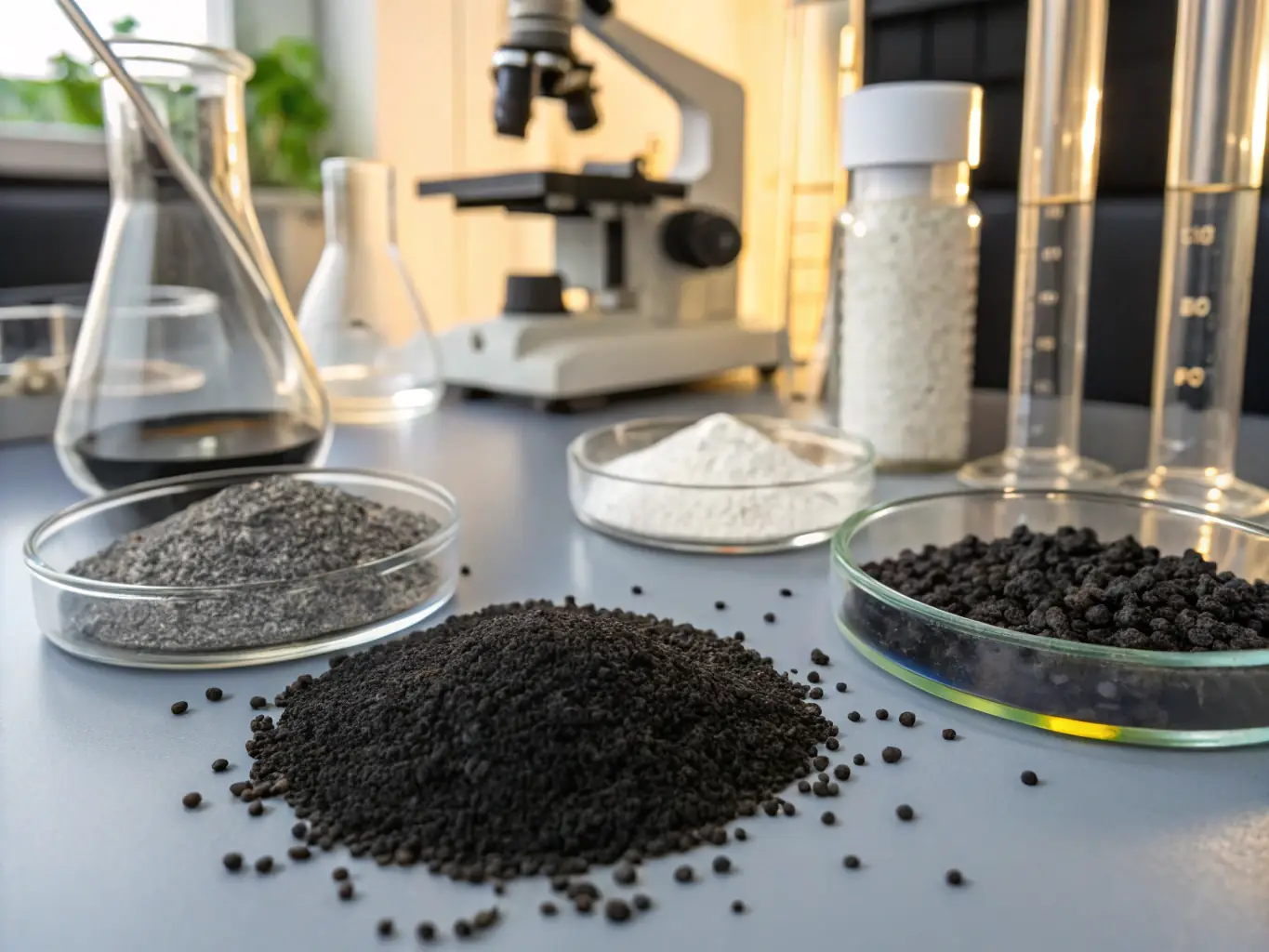 A close-up shot of coal-based activated carbon granules, highlighting their porous structure and rugged texture, suitable for industrial applications.