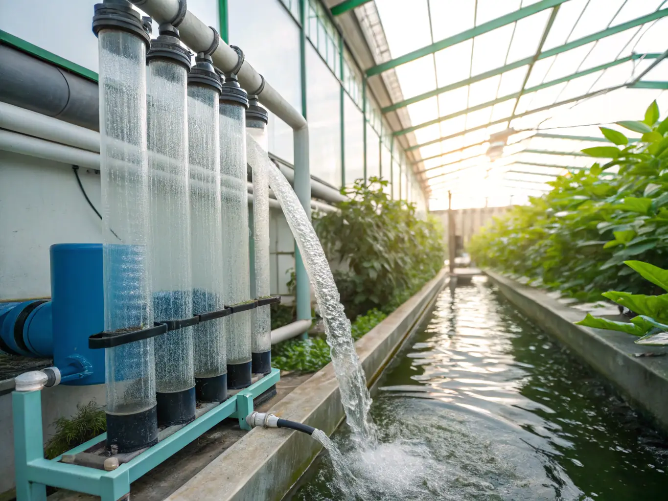 An image depicting a modern water treatment plant using activated carbon filters to purify drinking water, emphasizing the cleanliness and safety of the water.