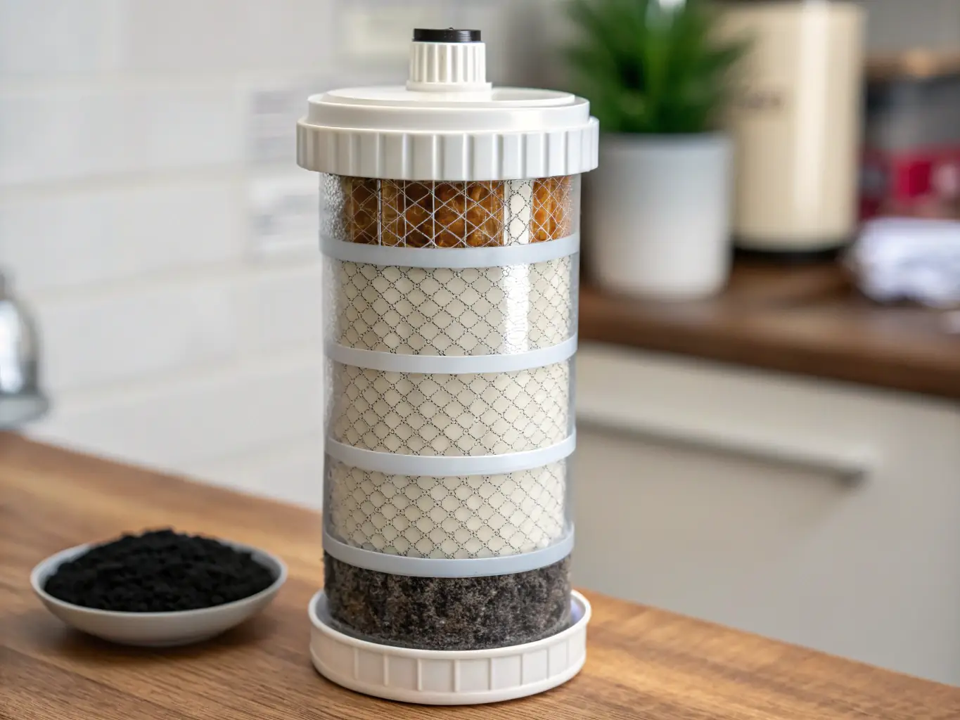 A close-up shot of activated carbon granules filtering water in a laboratory setting, demonstrating its water purification capabilities.