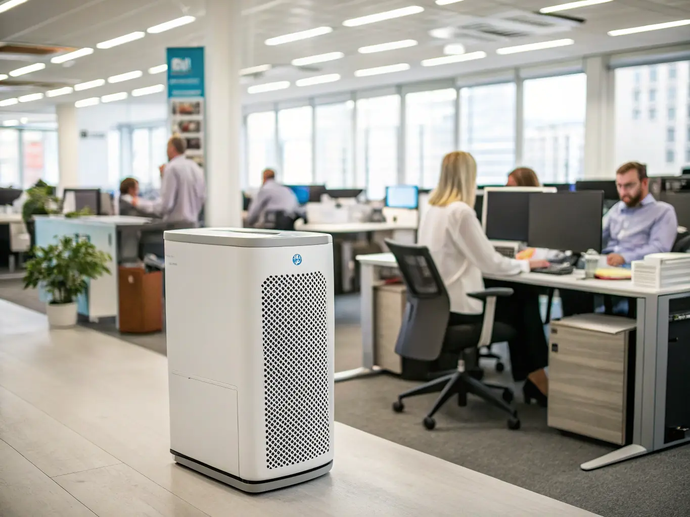 An image of an air purifier using activated carbon filters in a modern office space, highlighting its air purification effectiveness.