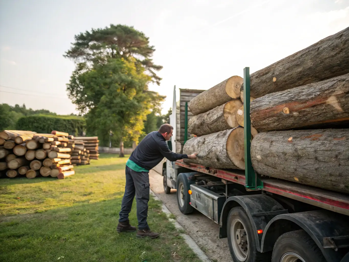 An image depicting logs of wood being processed into activated carbon, focusing on the sustainable sourcing and manufacturing process.